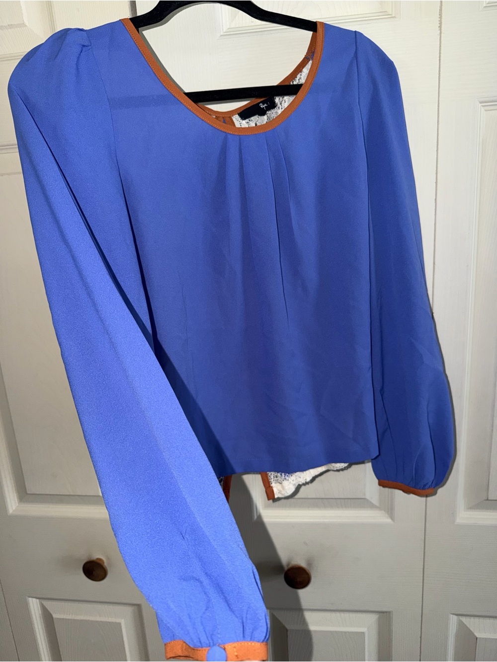 Ryu Royal Blue Long Sleeve Blouse with Lace Back and Tan Trim